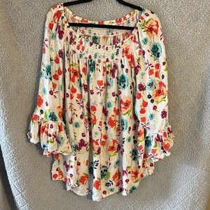 Terra & Sky Multicolor Floral Blouse with Ruffle Sleeves